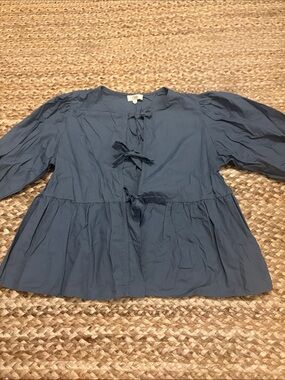 Slate Blue Tie-Front Peplum Blouse
